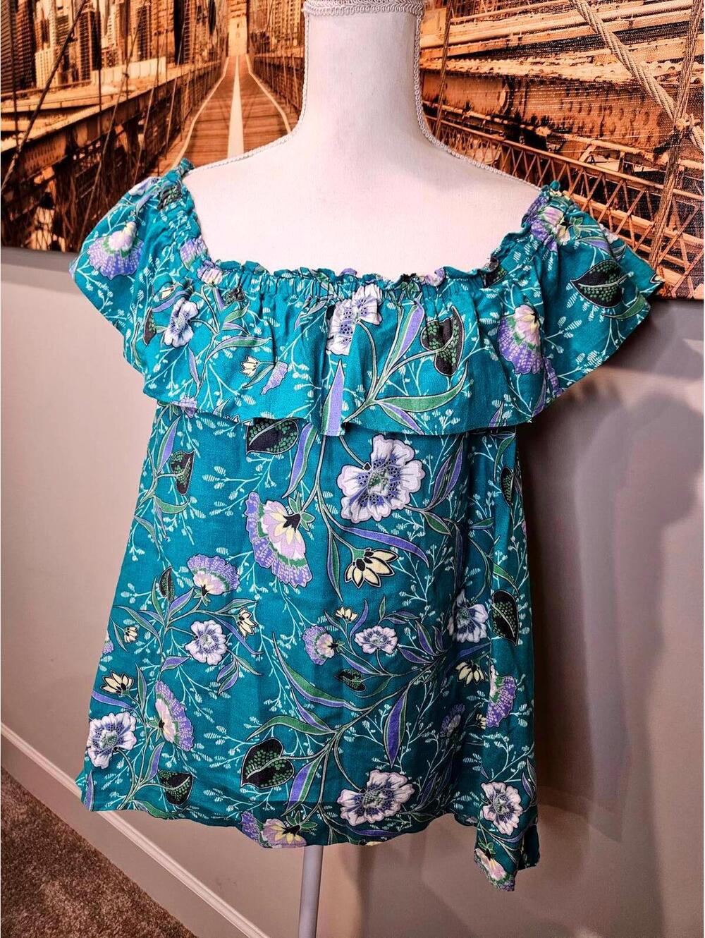 LOFT Teal Linen Floral Off-Shoulder Blouse - Size L